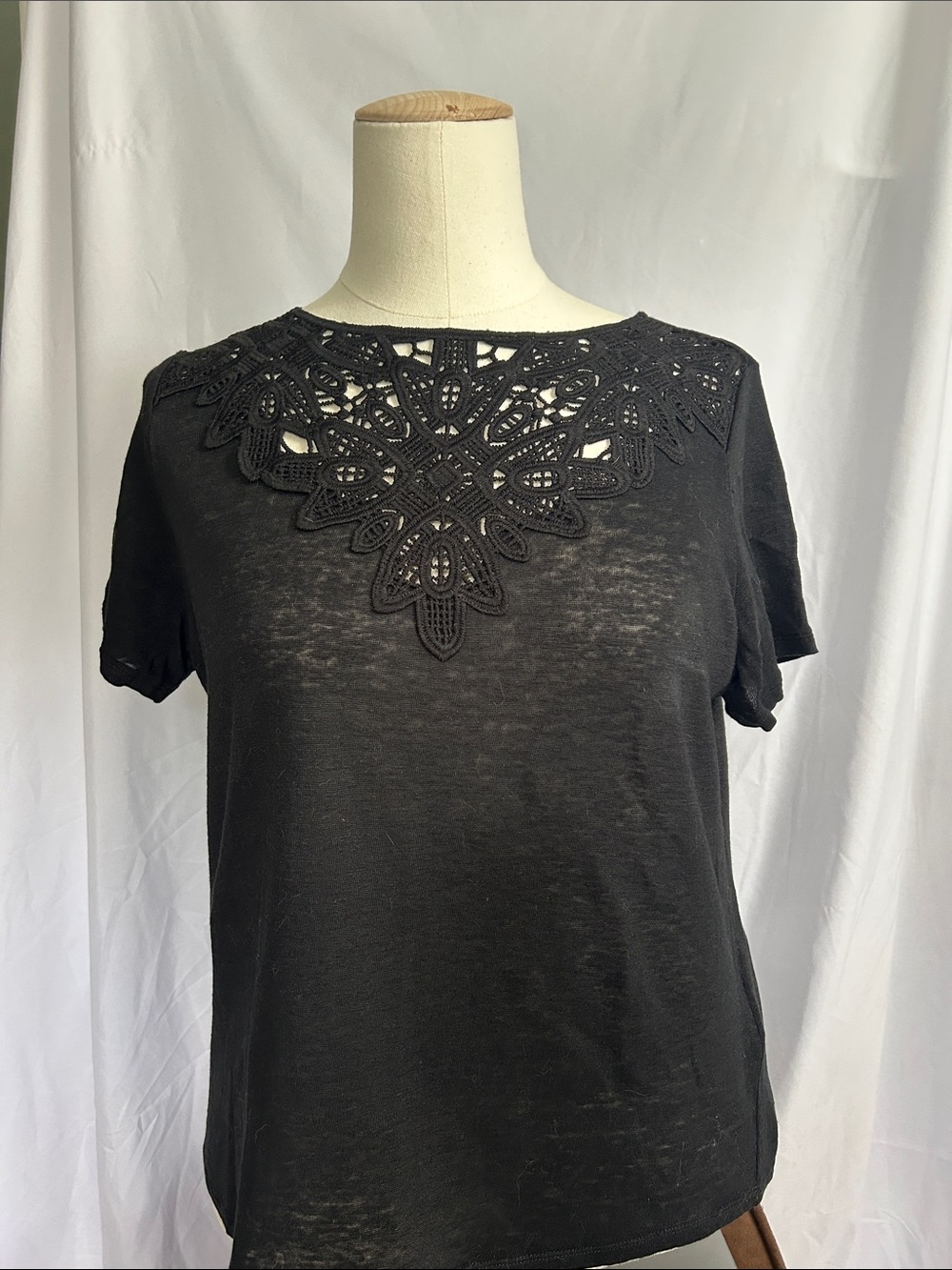 Delicate Lace-Yoke Black Short Sleeve Tee